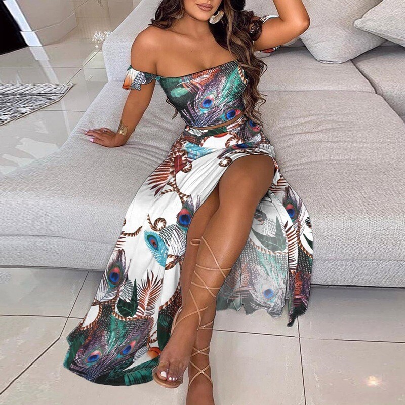 Slim French Bohemian Print Mid-length Retro Tube Top Suit 