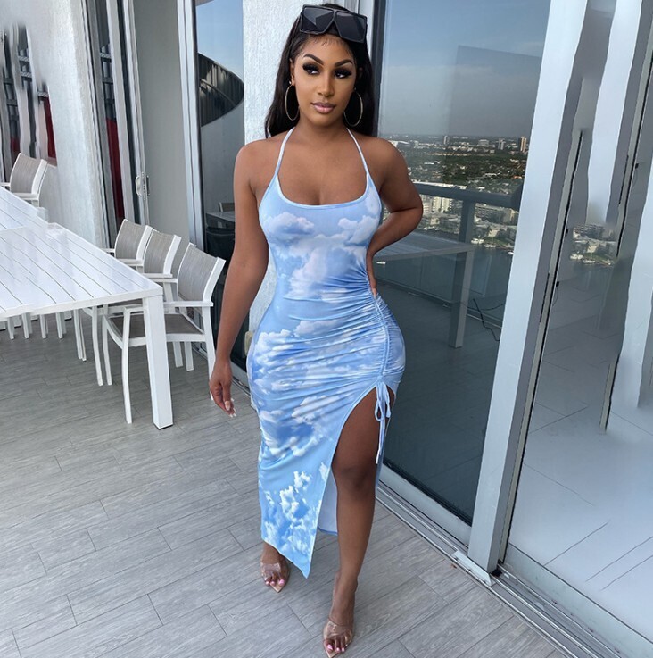 Tie-Dye Slit Sexy Pleated Drawstring Halter Dress