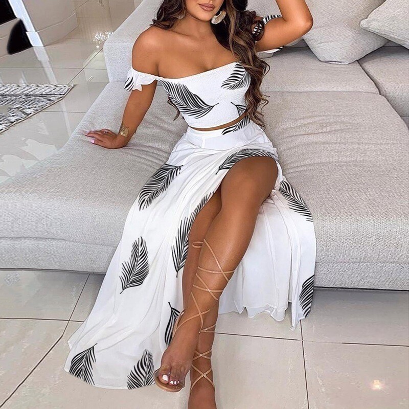 Slim French Bohemian Print Mid-length Retro Tube Top Suit 