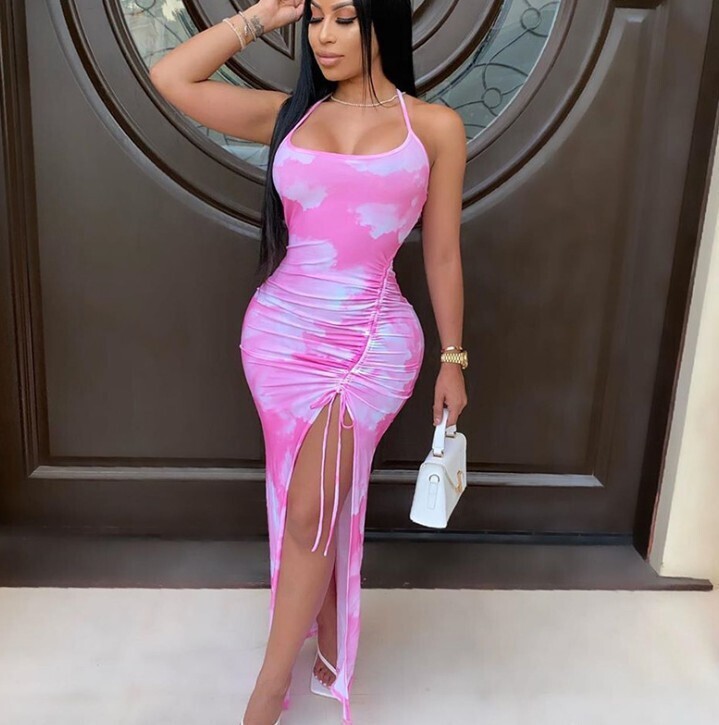 Tie-Dye Slit Sexy Pleated Drawstring Halter Dress