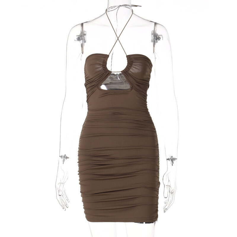 Strappy halter dress , Color: Brown, Size: L
