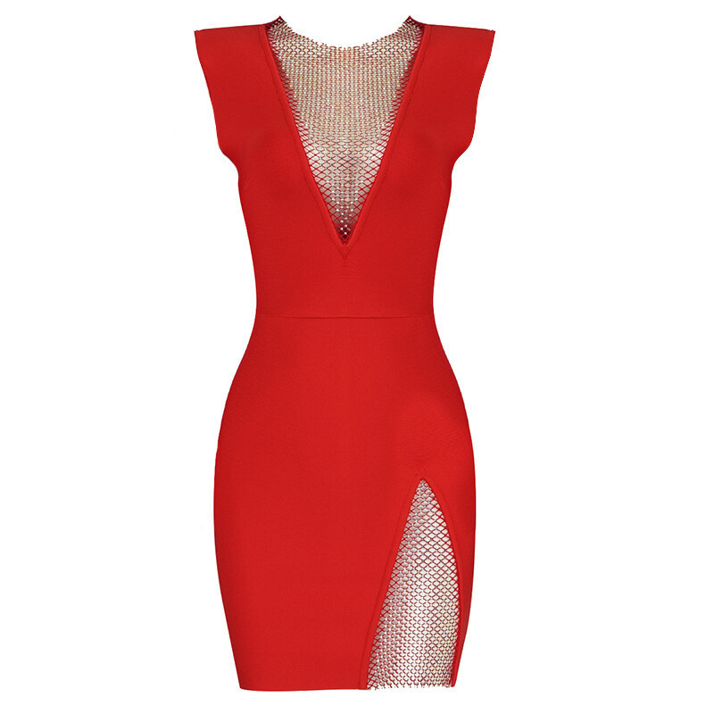 Sleeveless Bandage Dress V Neck crystal Mesh Dress