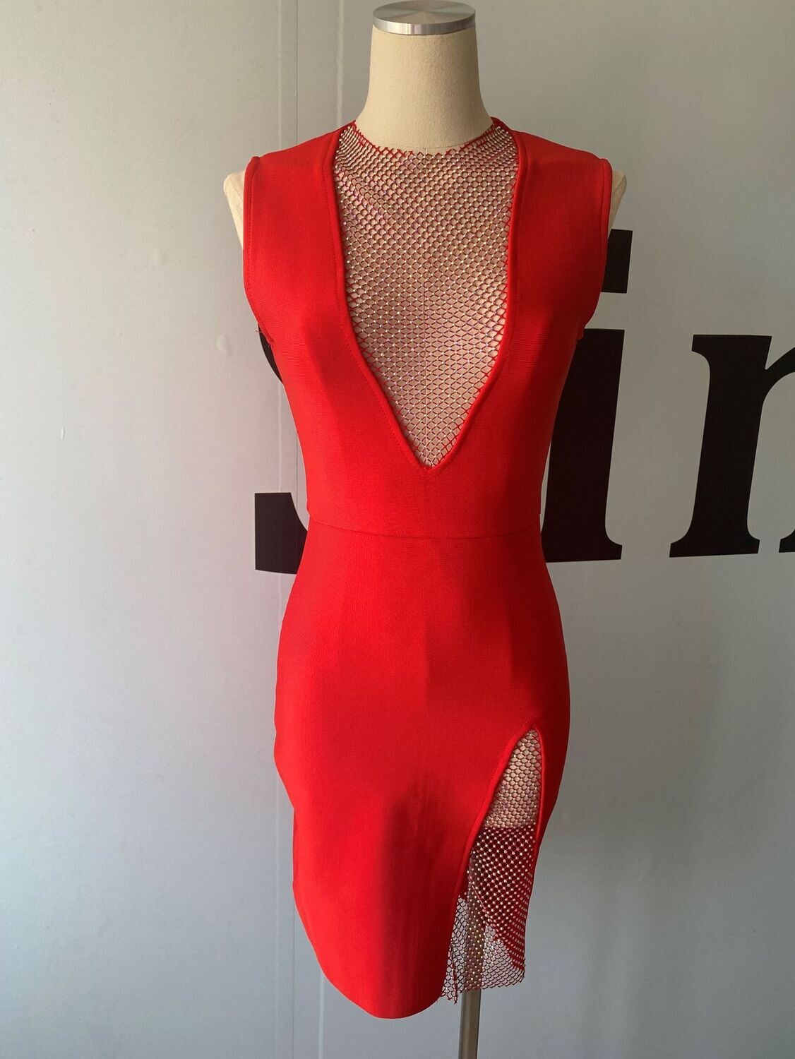 Sleeveless Bandage Dress V Neck crystal Mesh Dress