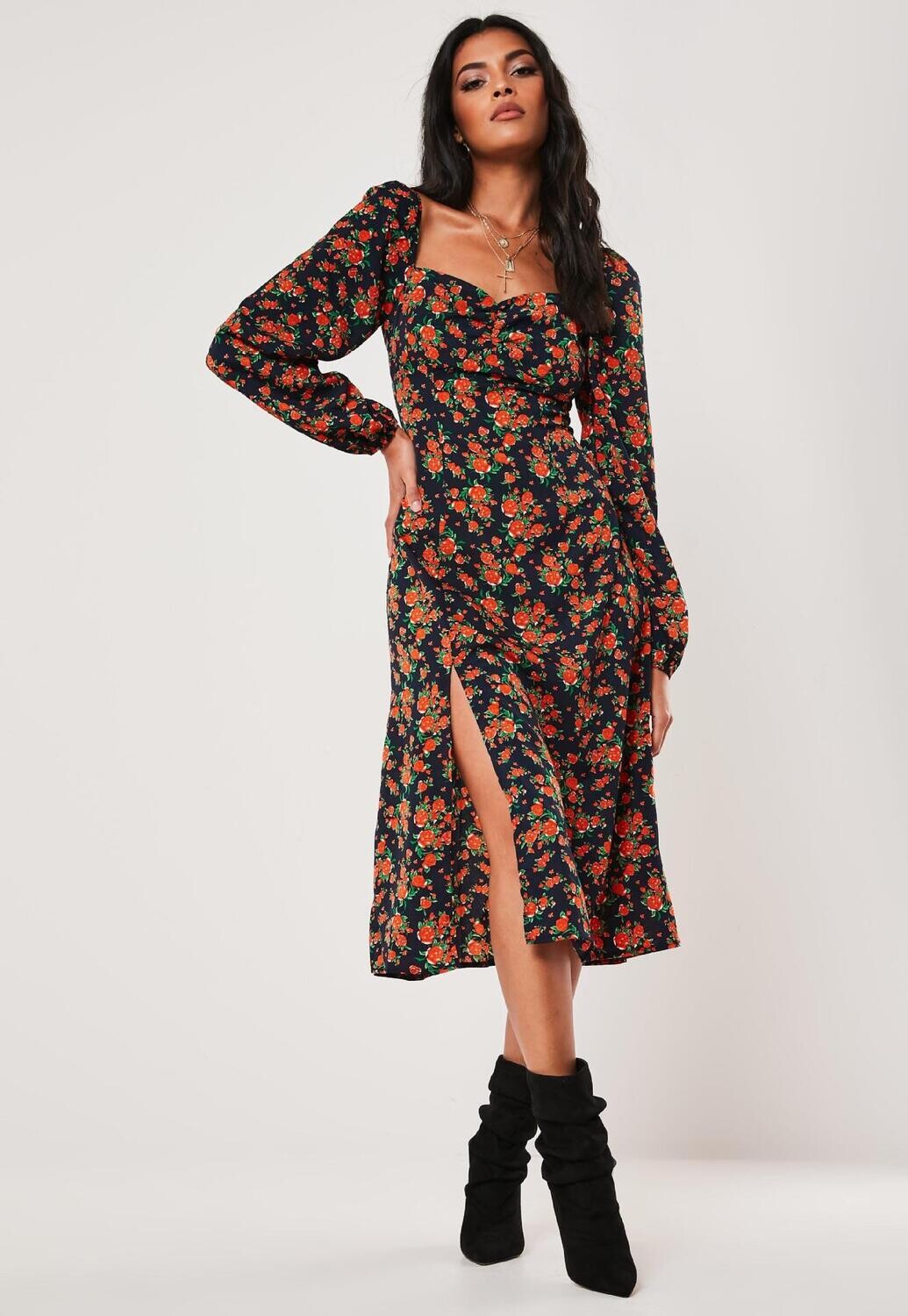 Floral Dress  Square Neck Long Sleeve Digital Printing Split Skirt