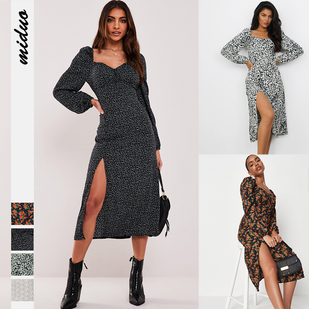  Floral Dress  Square Neck Long Sleeve Digital Printing Split Skirt