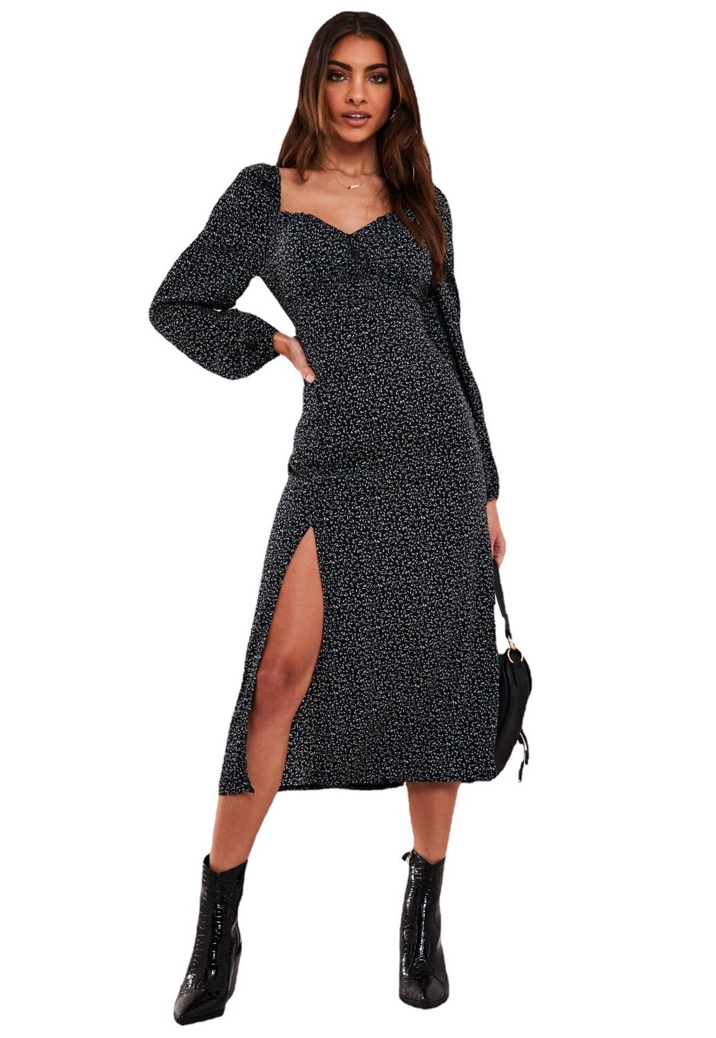  Floral Dress  Square Neck Long Sleeve Digital Printing Split Skirt