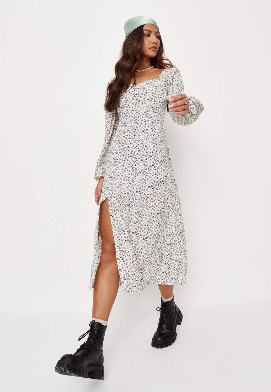  Floral Dress  Square Neck Long Sleeve Digital Printing Split Skirt