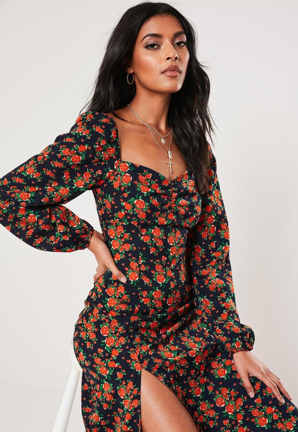  Floral Dress  Square Neck Long Sleeve Digital Printing Split Skirt