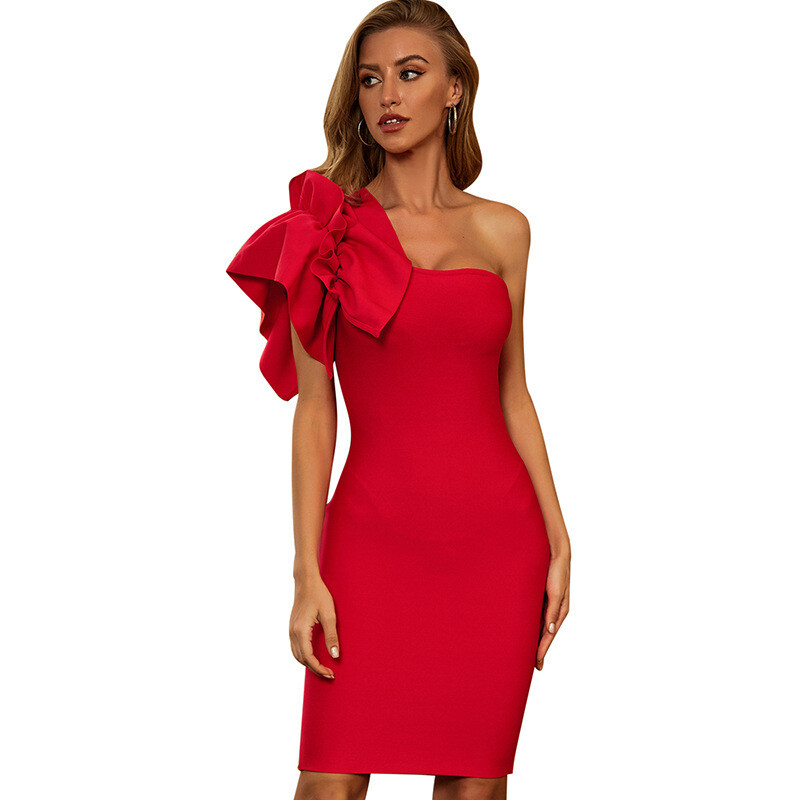 Ruffled Sleeves One-shoulder Dress Strapless 