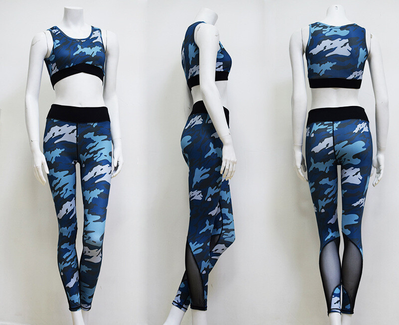Camouflage print suit 2 Piece Set sexy mesh bra and fitness Leggings, Size: S