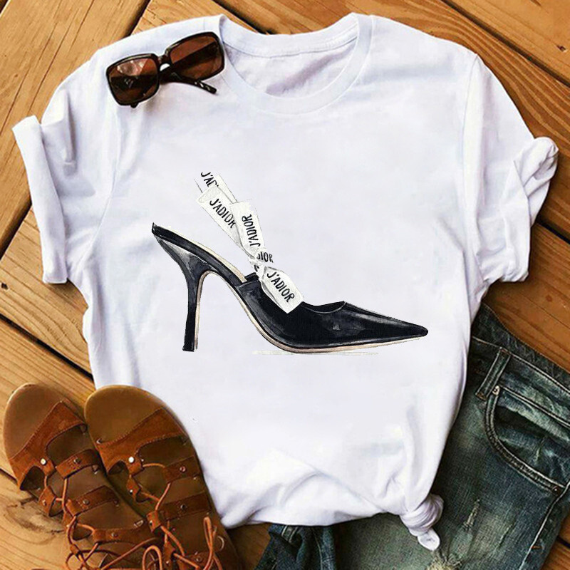 Sexy Red Lip High Heels Shoes T Shirt Trend