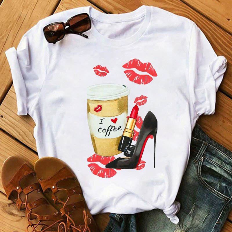 Sexy Red Lip High Heels Shoes T Shirt Trend