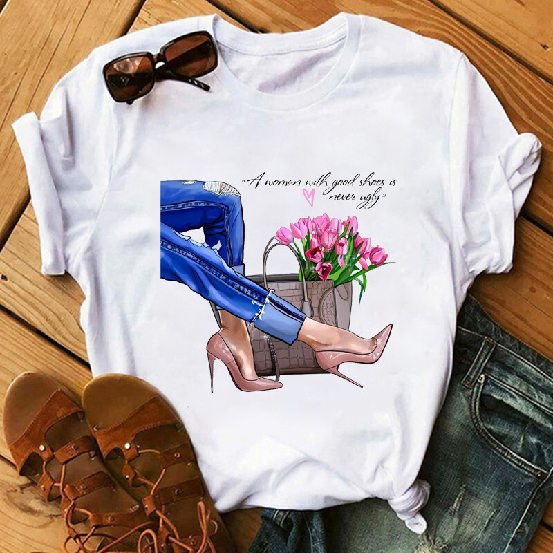Sexy Red Lip High Heels Shoes T Shirt Trend