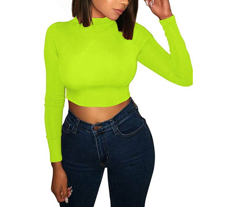 Half high collar long sleeve short cropped T-shirt