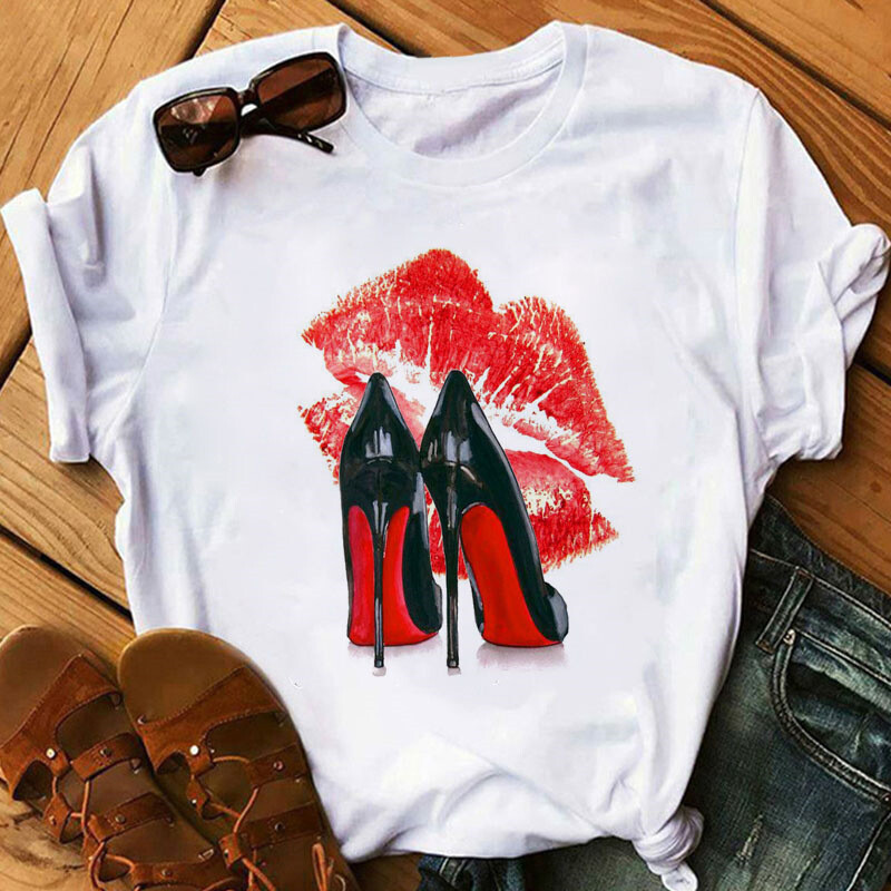Sexy Red Lip High Heels Shoes T Shirt Trend