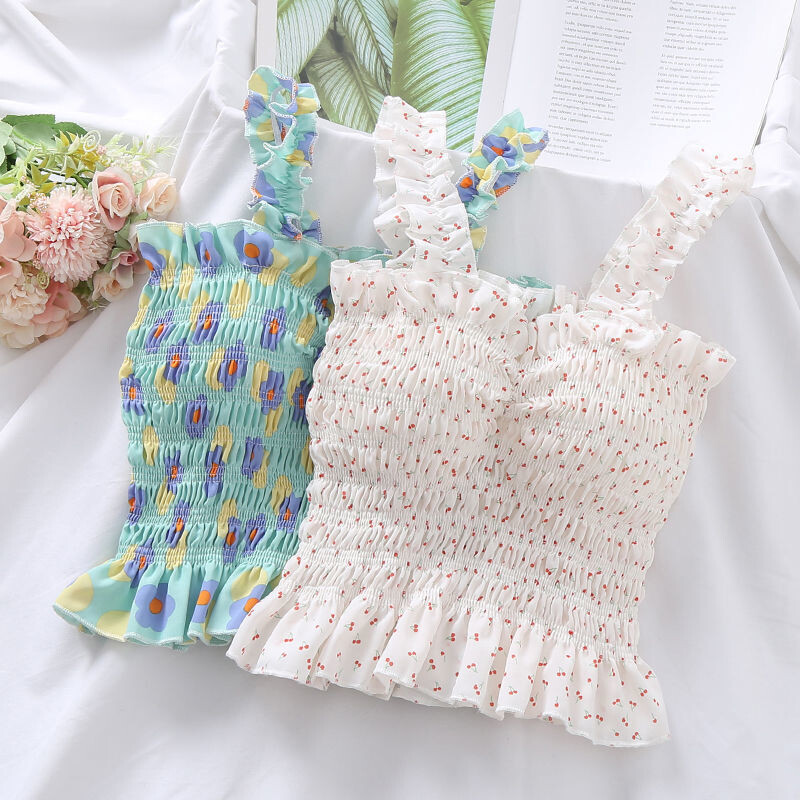 Flower shoulder strap vest crop top