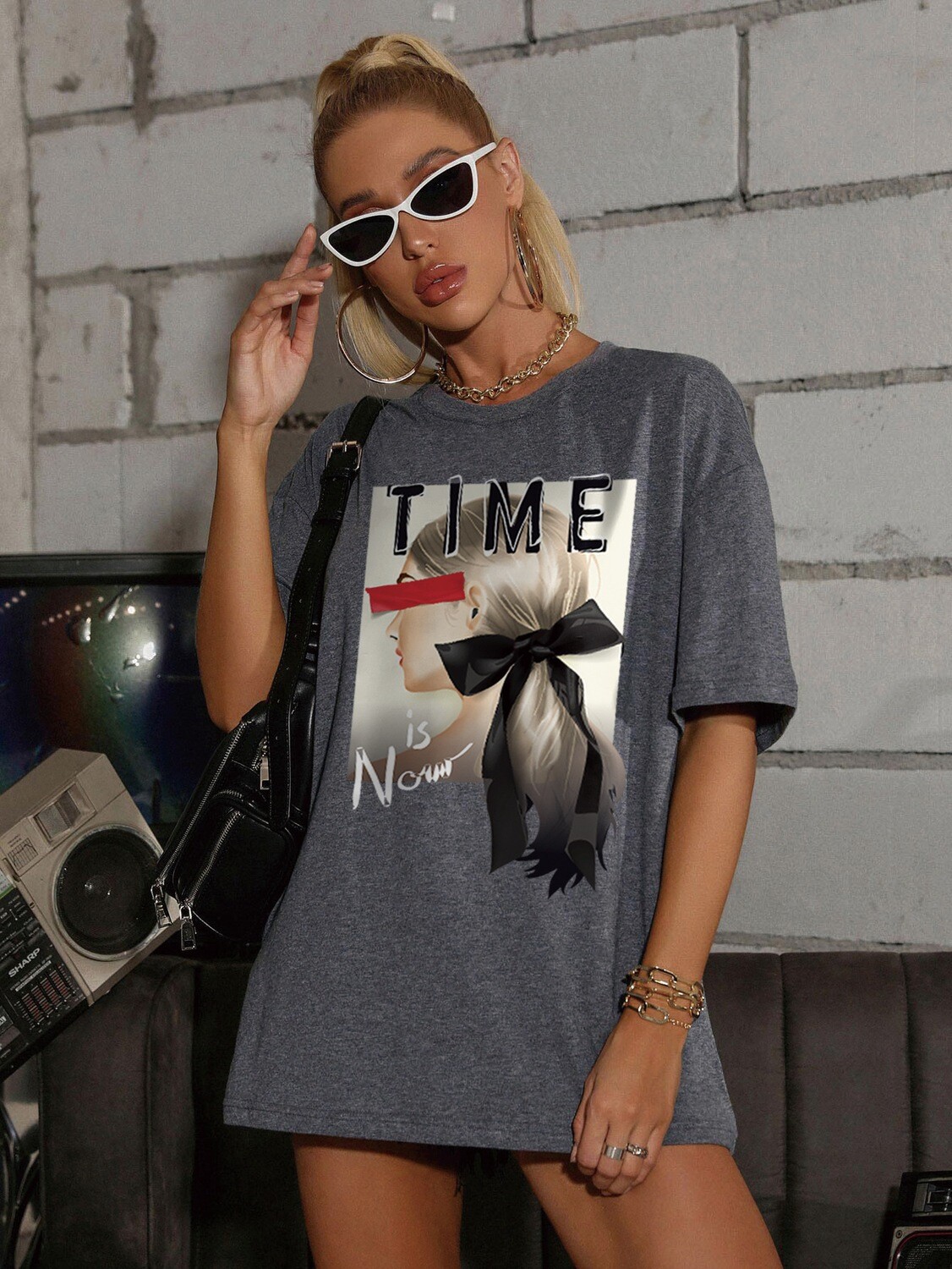 Women's Casual All-match Printing Multicolor Short-sleeved T-shirt , Color: Grey, Size: S