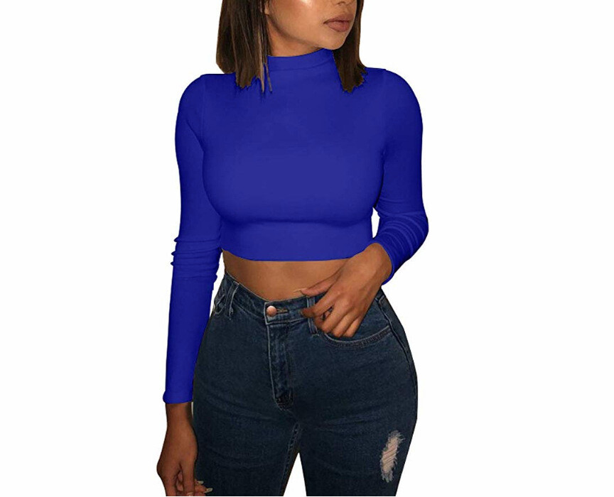 Half high collar long sleeve short cropped T-shirt