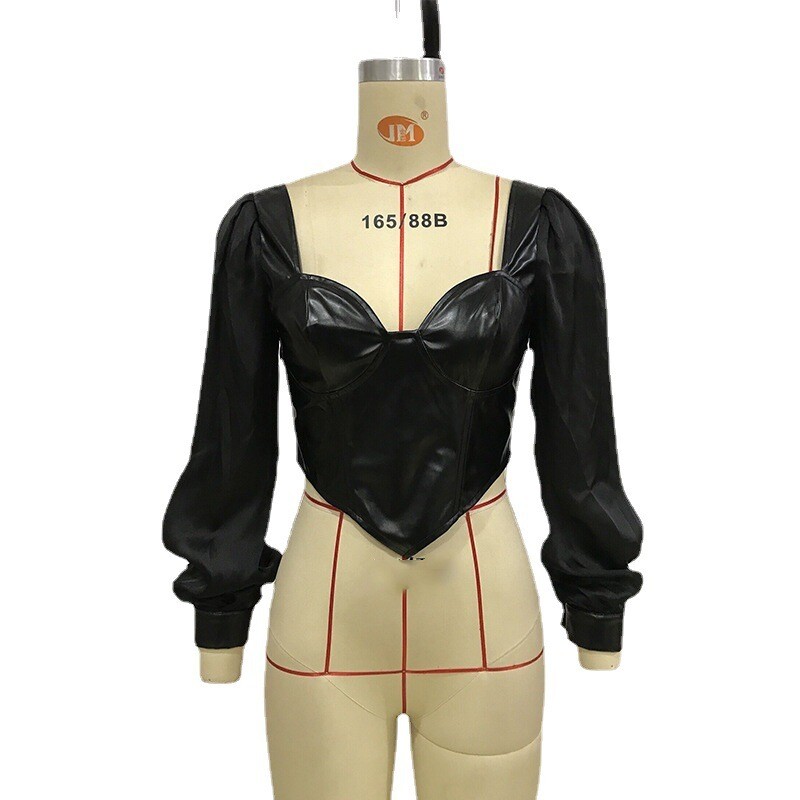  Puff Sleeve Mesh Stitching PU Leather Top