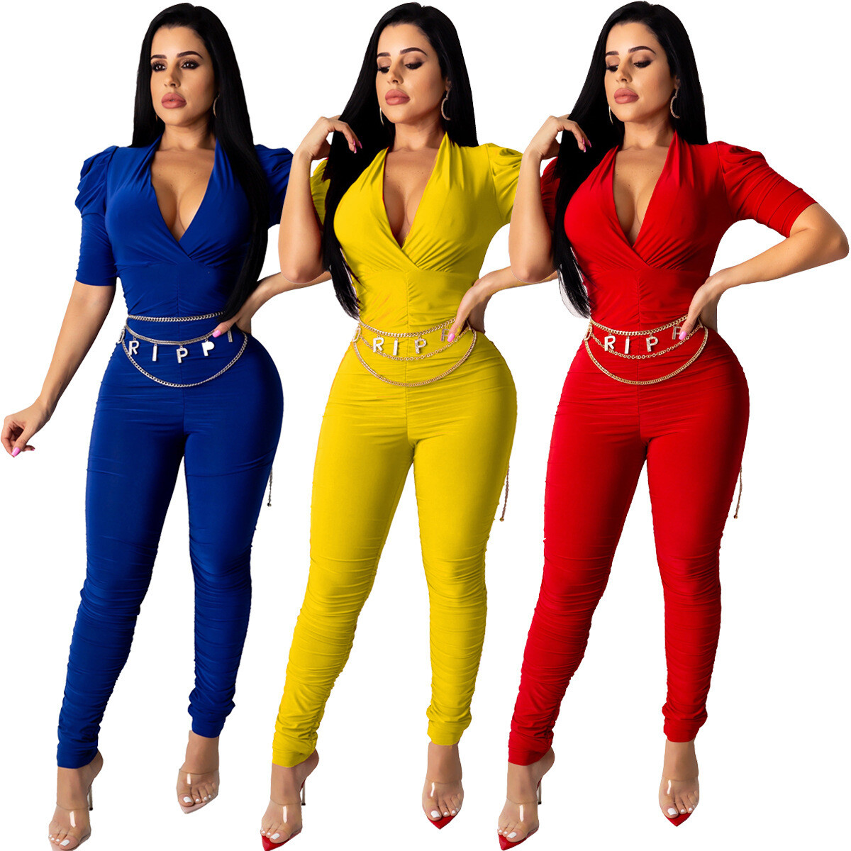 Jumpsuit Solid Color Sexy V-neck Tucked