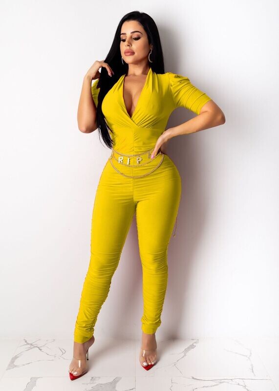 Jumpsuit Solid Color Sexy V-neck Tucked