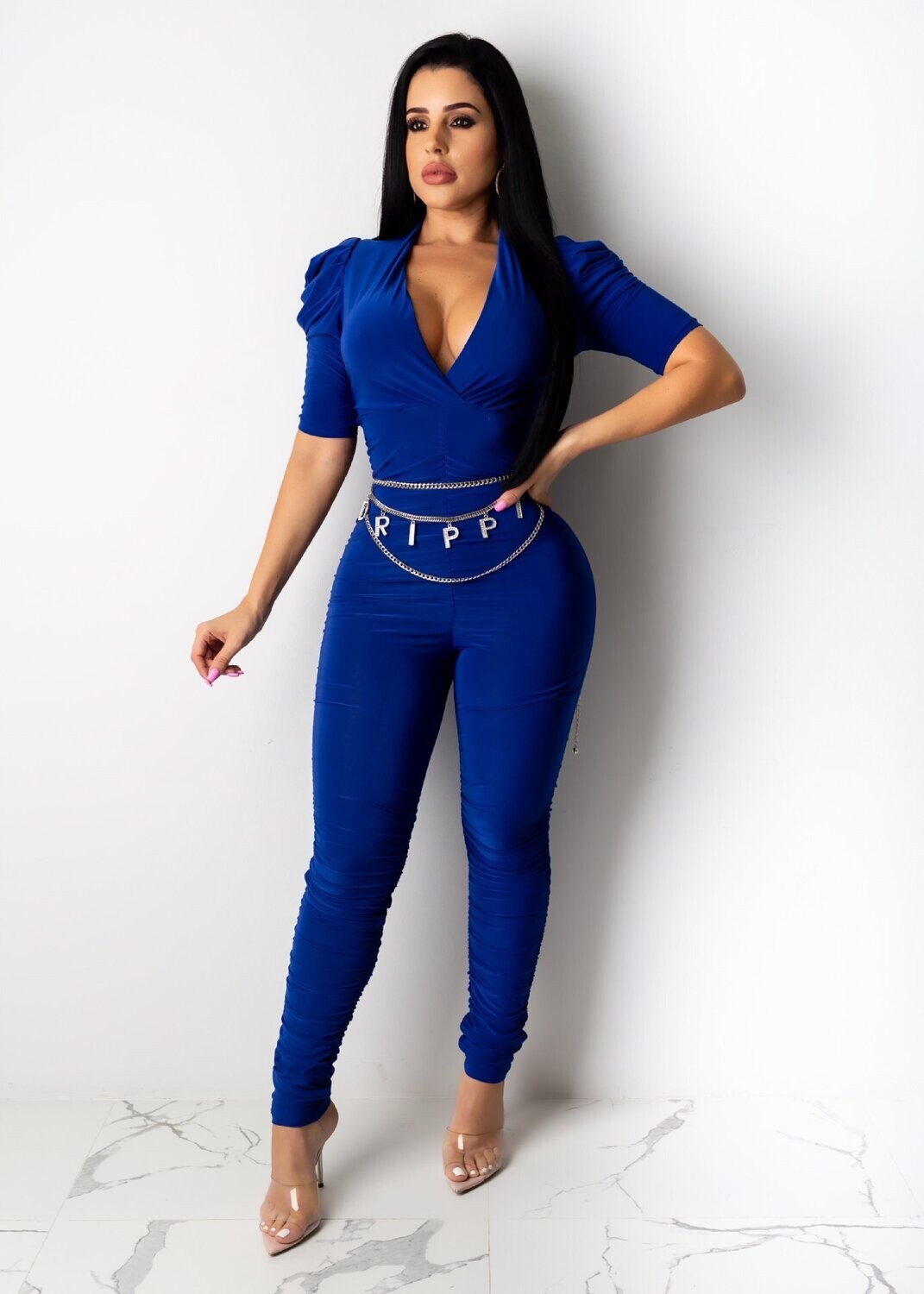 Jumpsuit Solid Color Sexy V-neck Tucked