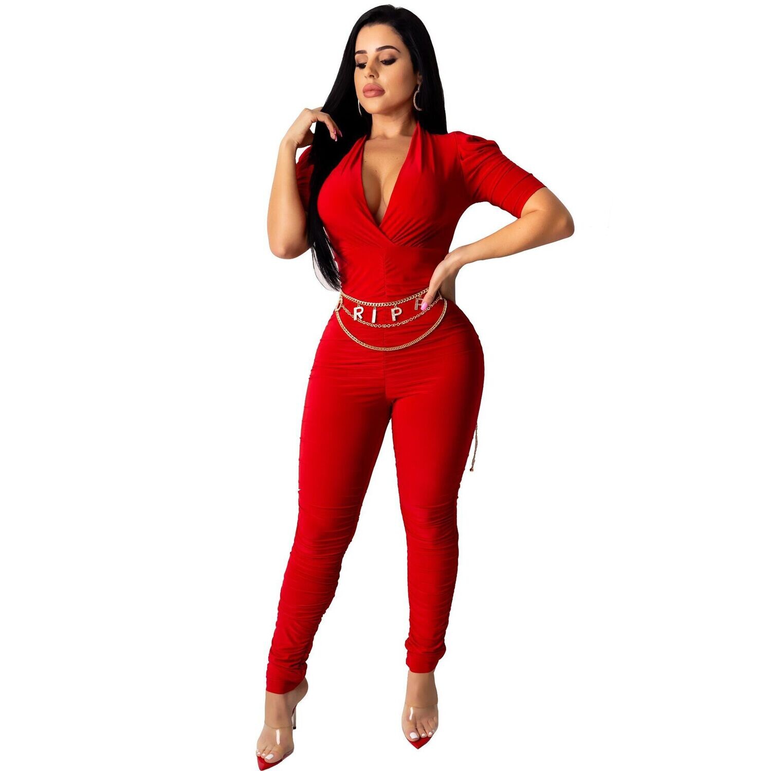 Jumpsuit Solid Color Sexy V-neck Tucked