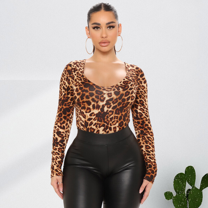 Plus Size Women&#39;s Leopard Print Fashion Sexy Long-sleeved Jumpsuit