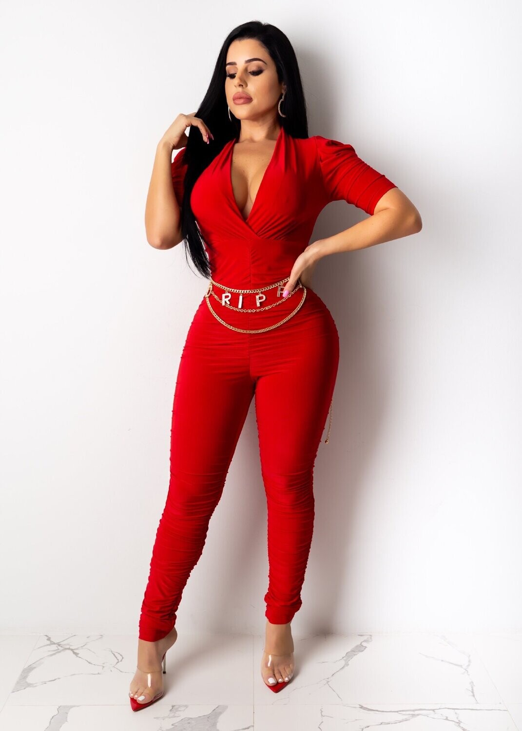 Jumpsuit Solid Color Sexy V-neck Tucked