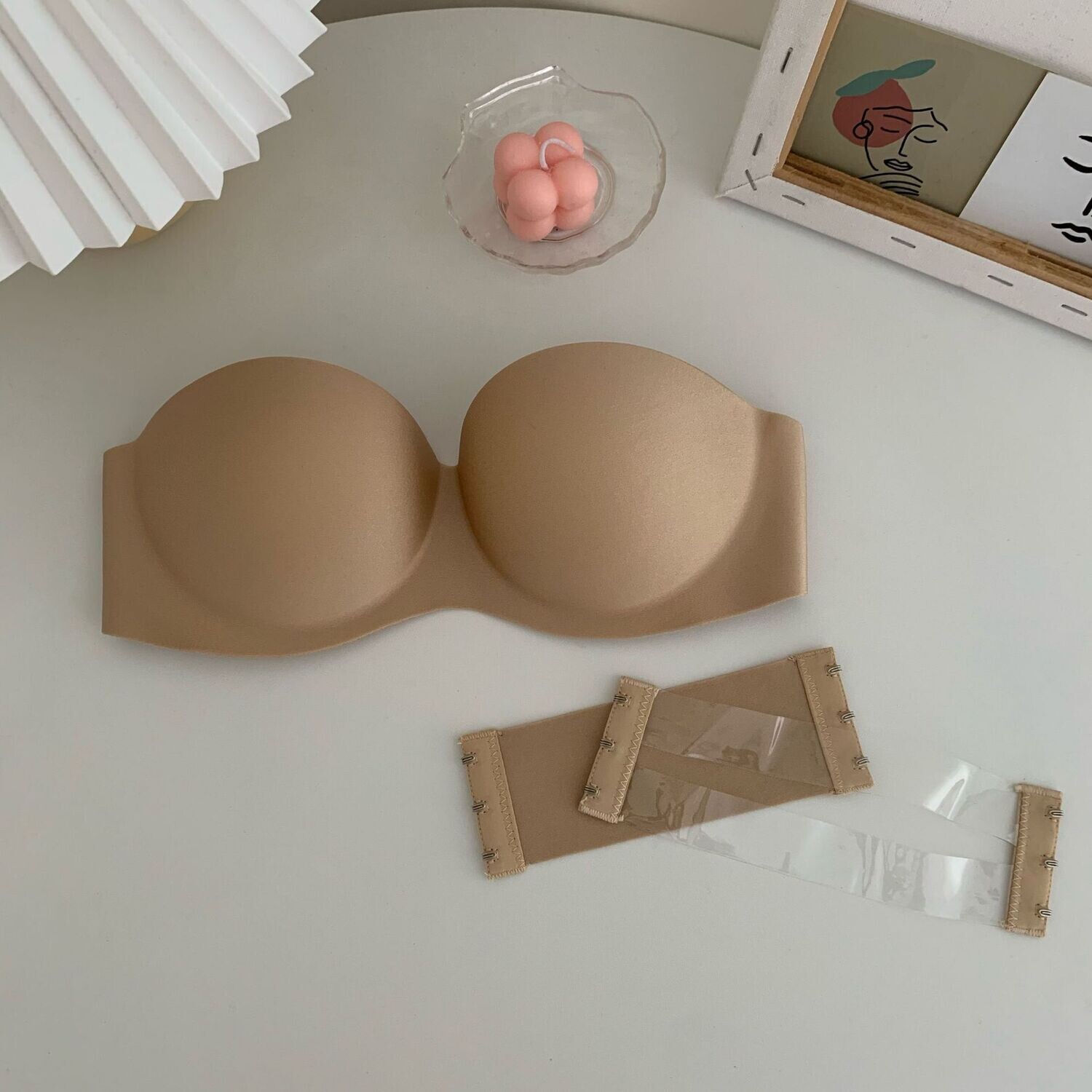 Non slip Strapless invisible bra comfortable underwear, Color: Apricot, Size: D=38ab tong cup