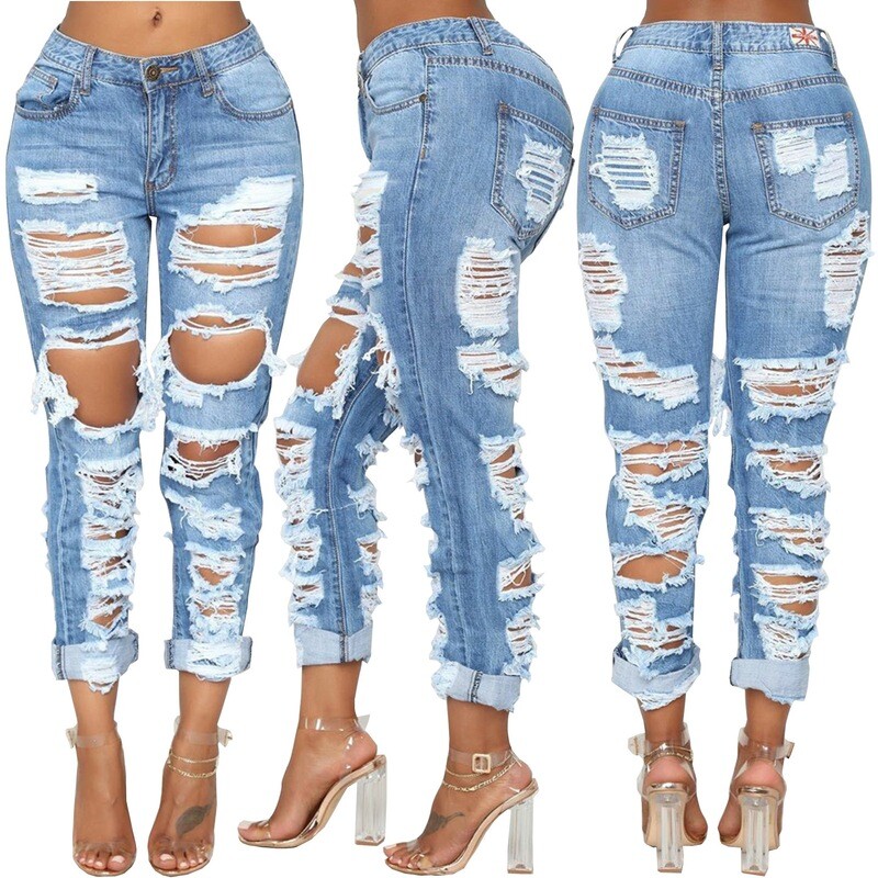 Destressed denim straight cut boyfriend denim jeans