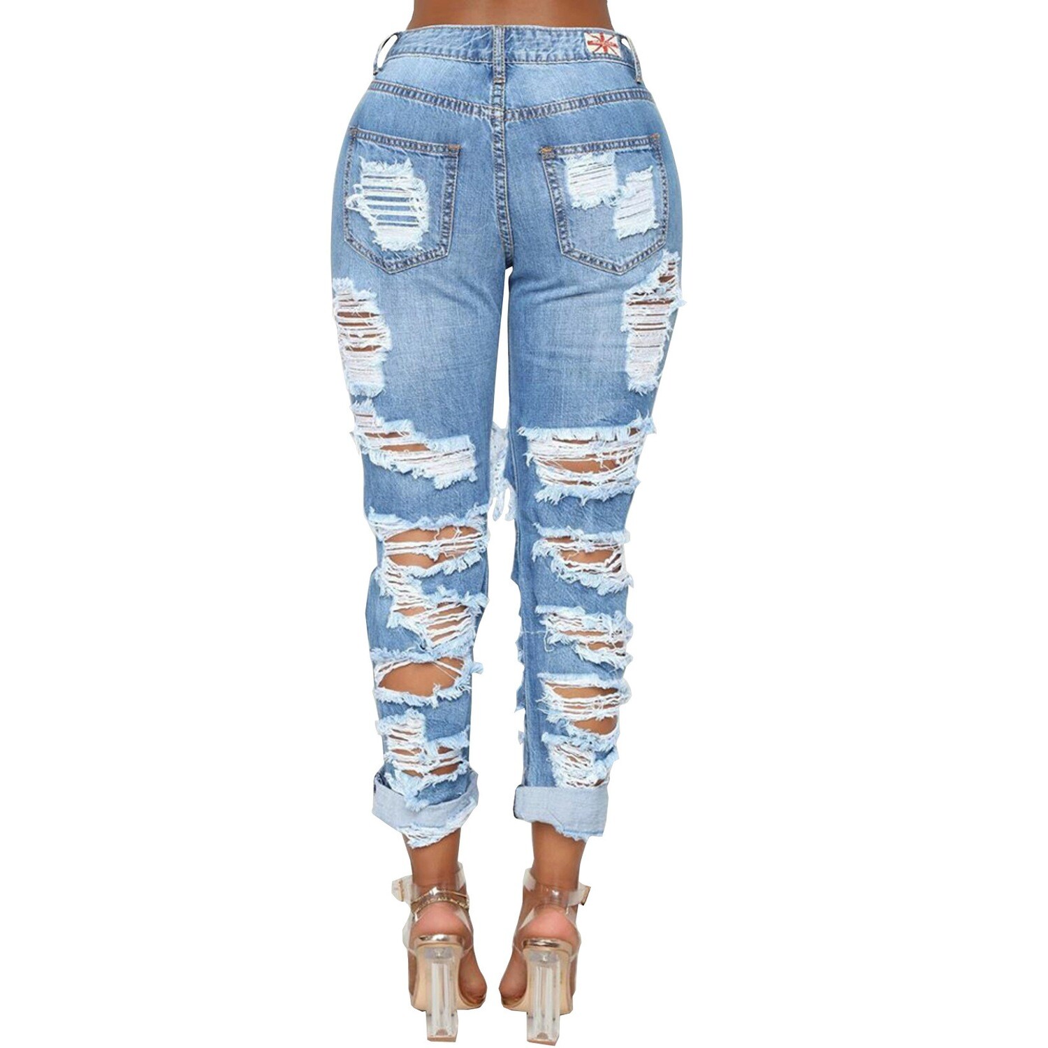 Destressed denim straight cut boyfriend denim jeans