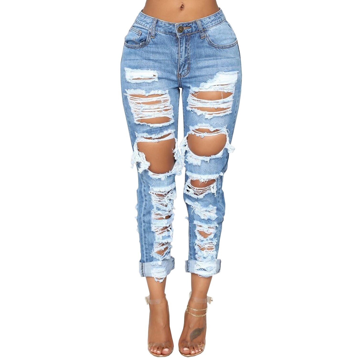 Destressed denim straight cut boyfriend denim jeans