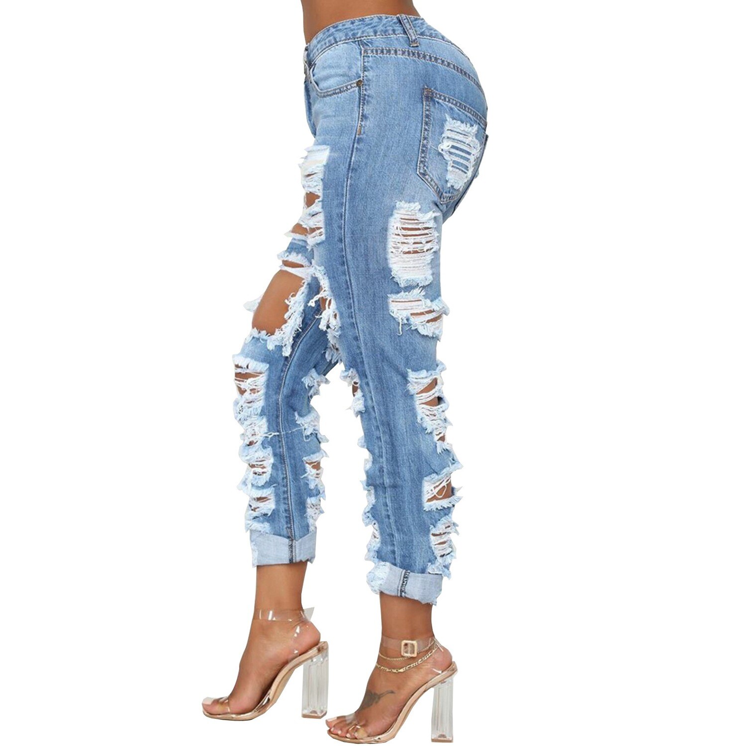 Destressed denim straight cut boyfriend denim jeans