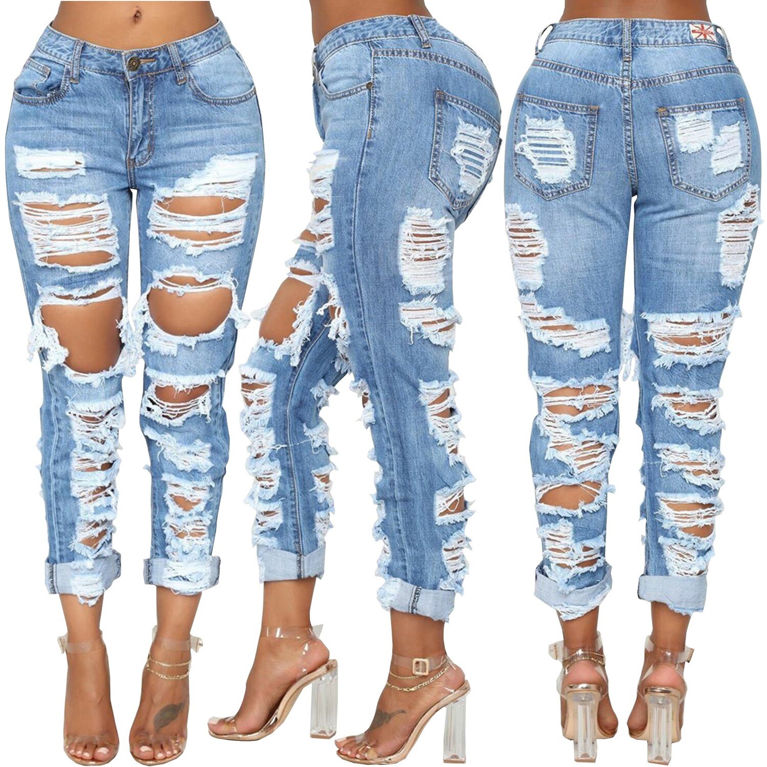Destressed denim straight cut boyfriend denim jeans, Color: Blue, Size: Xxl