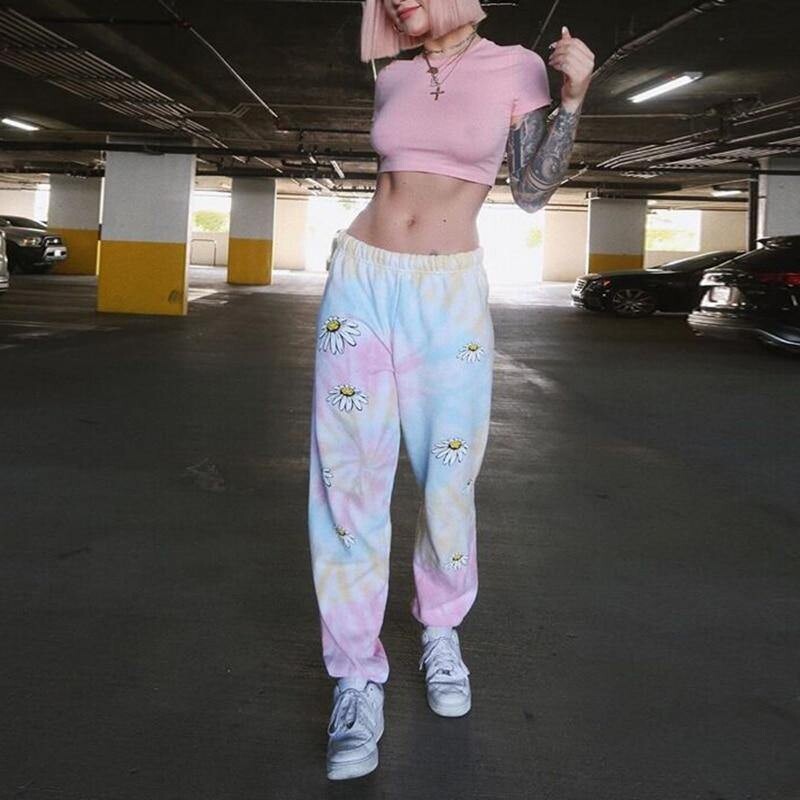 Street style tie-dye rainbow color elasticated high-waisted casual trousers 