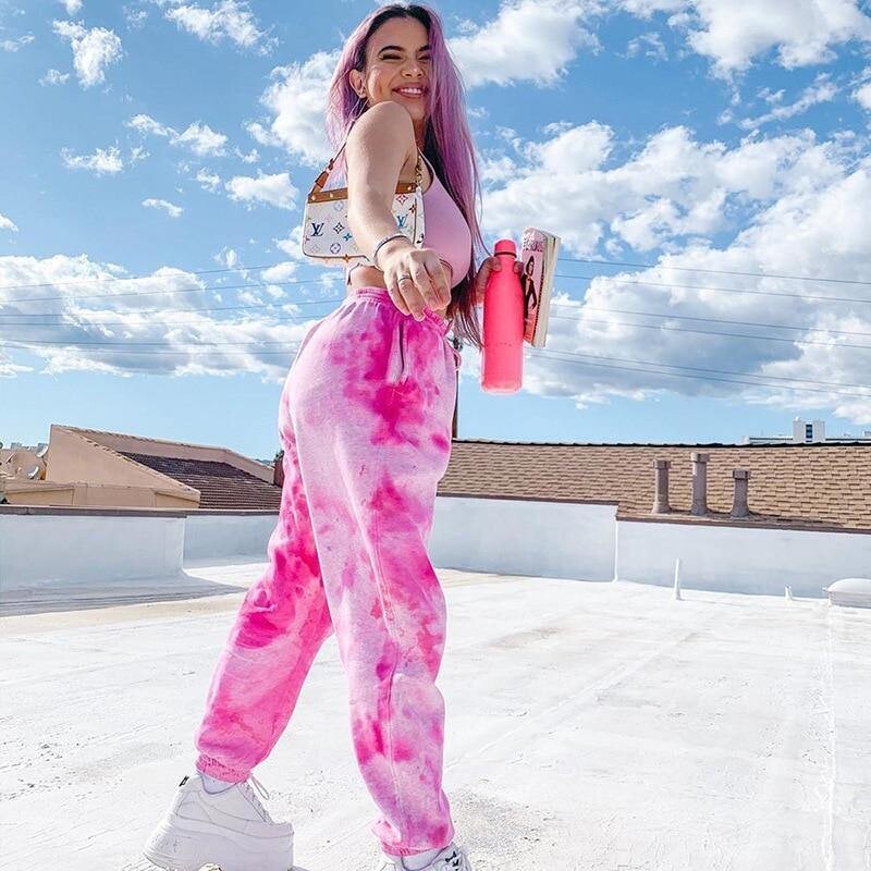 Street style tie-dye rainbow color elasticated high-waisted casual trousers 