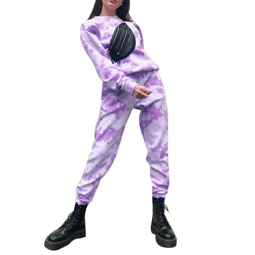 Street style tie-dye rainbow color elasticated high-waisted casual trousers 