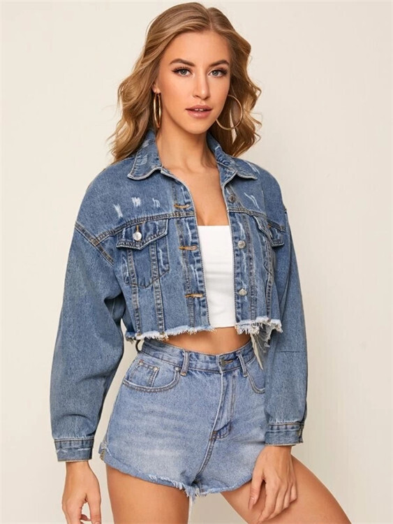Women&#39;s cropped top denim jacket, Color: Dark blue, Size: 2xl