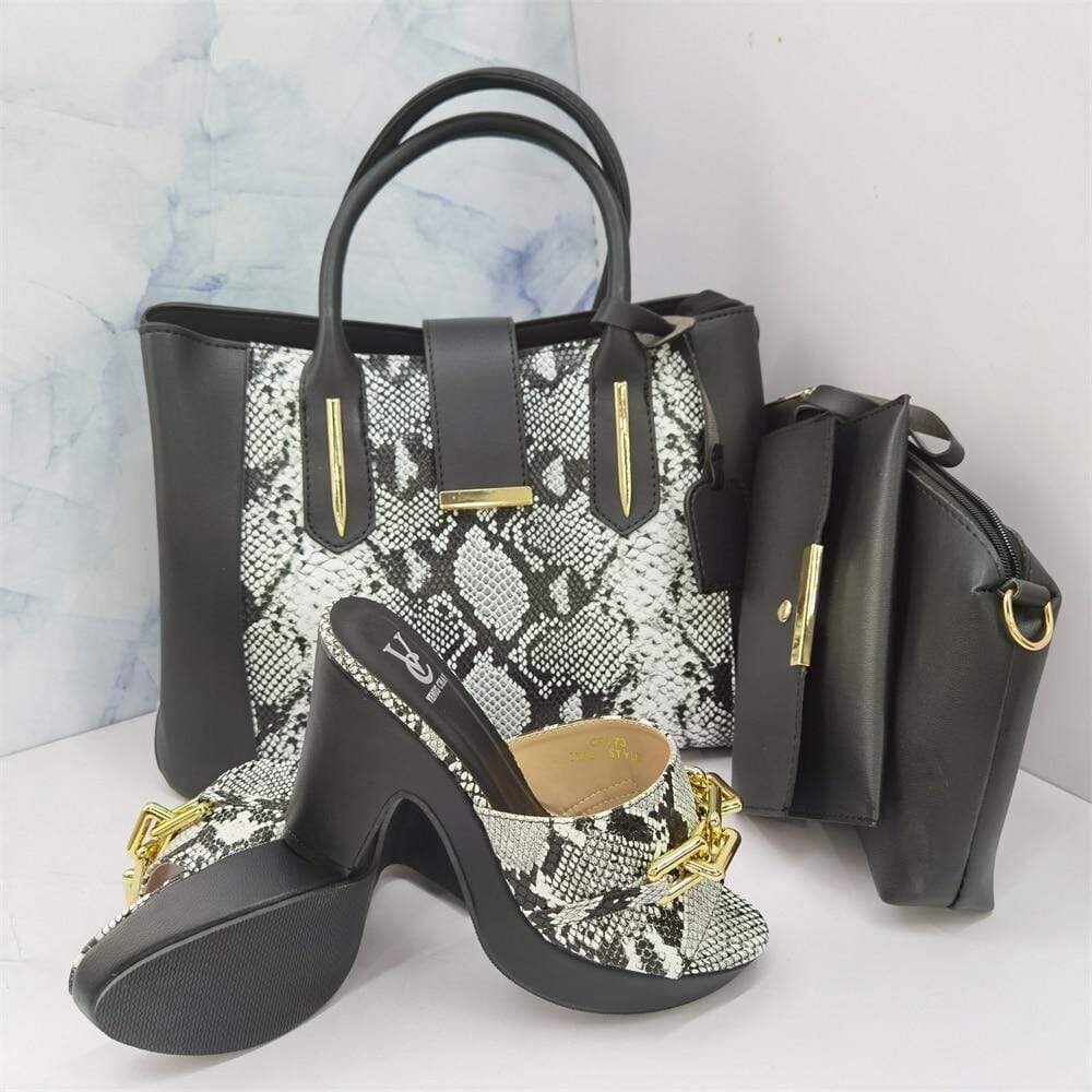  PU snakeprint high heels matching bag set
