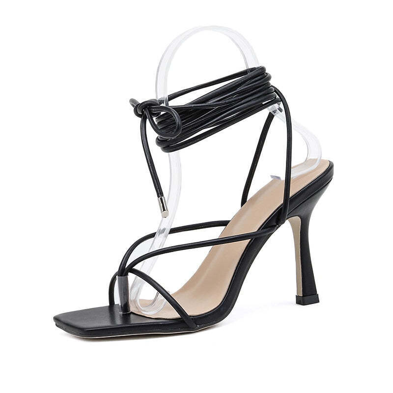 Square Toe Thong Simple Lace-Up Roman High Heel Sandals