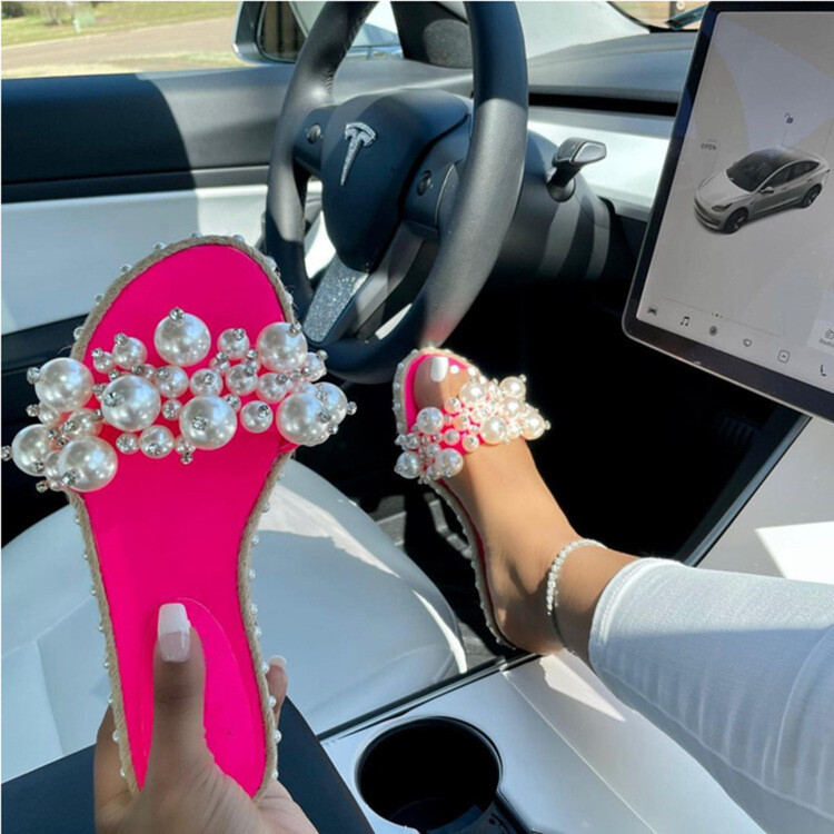 Round Head Flat-shaped Pearl Hemp Rope  Sandals And Slippers