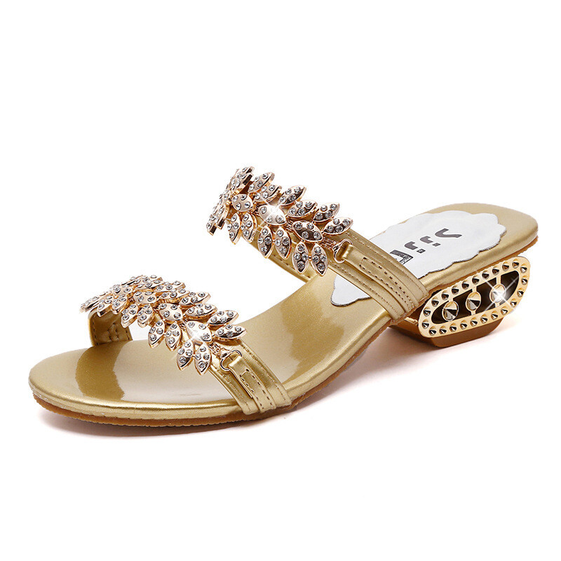  square heel rhinestone crystal sandals metal decorative sandals