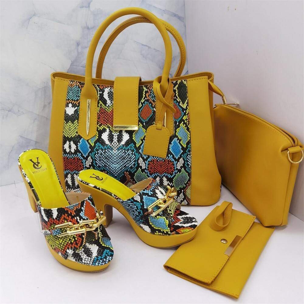  PU snakeprint high heels matching bag set