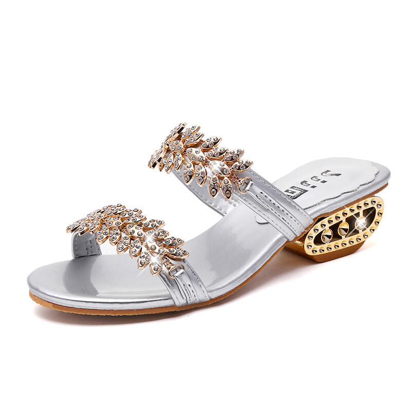  square heel rhinestone crystal sandals metal decorative sandals