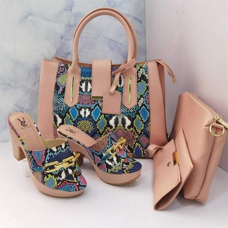  PU snakeprint high heels matching bag set