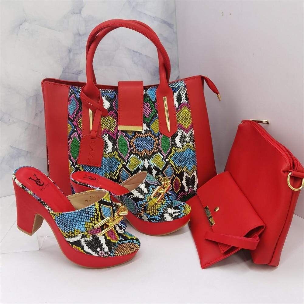  PU snakeprint high heels matching bag set
