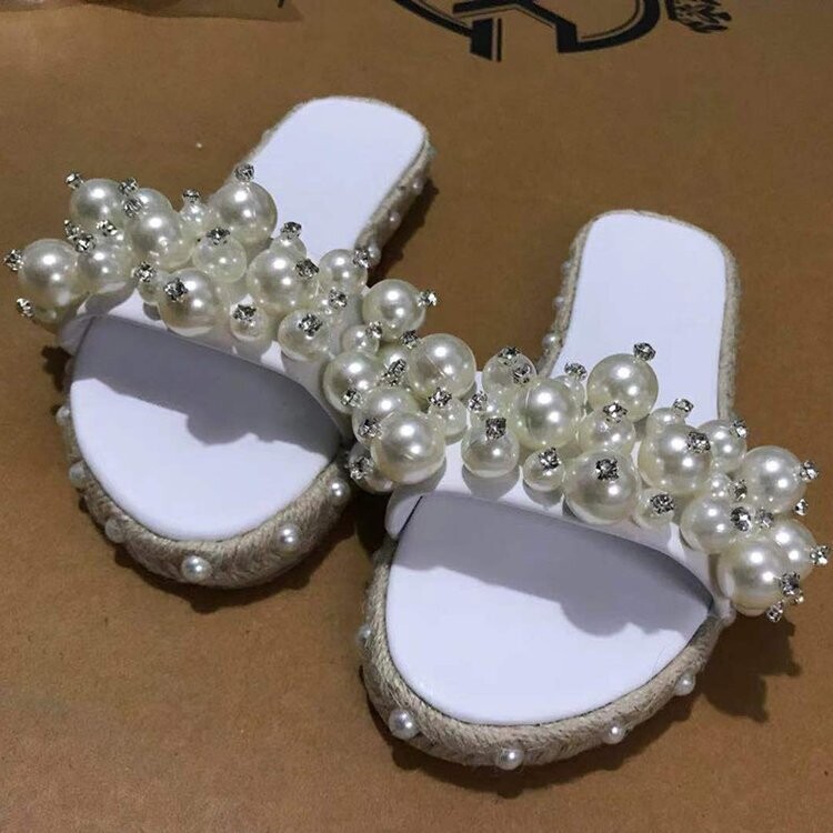 Round Head Flat-shaped Pearl Hemp Rope  Sandals And Slippers