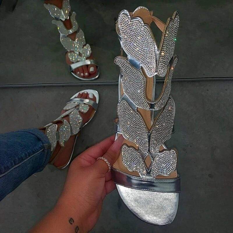 Crystal Leaf Style Roman Gladiator Sandal, Color: Silver, Shoe Size: 43