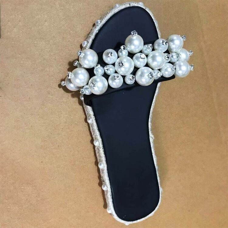 Round Head Flat-shaped Pearl Hemp Rope  Sandals And Slippers